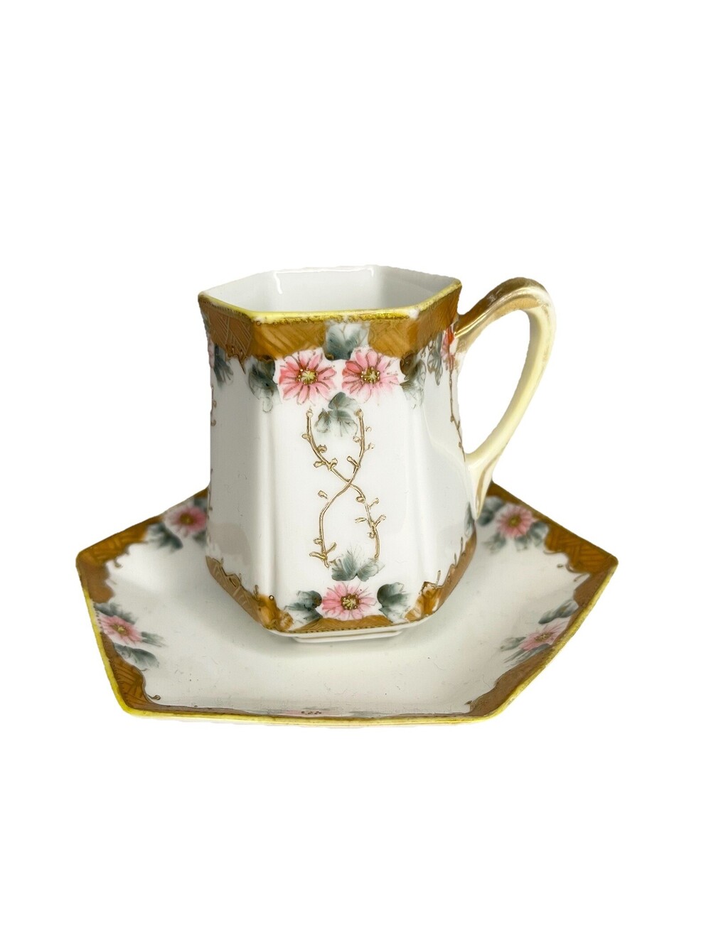 Antique Nippon Japan Moriage Tea Chocolate Cup Saucer Floral Gilt Hexagonal